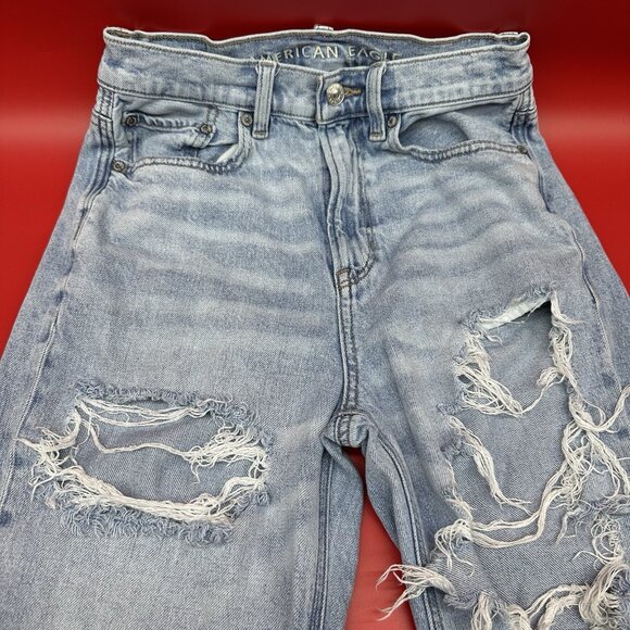 American Eagle Highest Rise Baggy Straight Size 00 Destroyed Light Wash Jeans - Picture 4 of 12